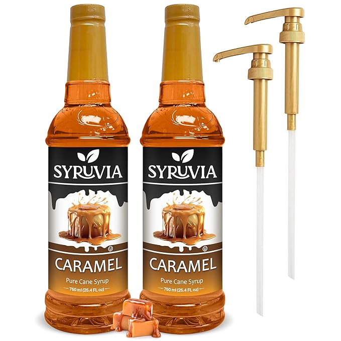 Syruvia Caramel Syrup - 25.4 fl oz. Premium Coffee Flavoring Syrup. Perfect for Enhancing Drinks, Sodas, Shakes, Desserts, and More With Pump (Pack of 2)