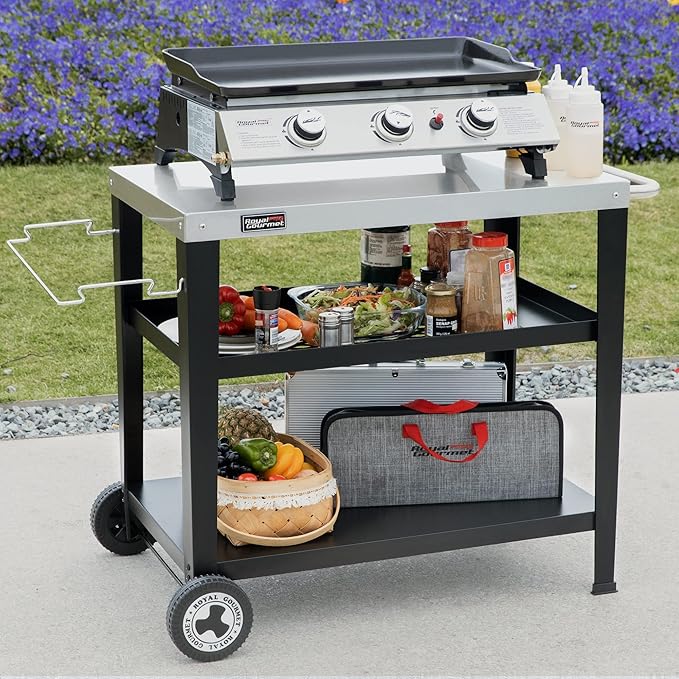 Royal Gourmet PC3404S Rolling Dining Table with Trash Bag Holder, Outdoor Garden Patio BBQ Kitchen Food Prep Table Cart, 34"L x 20"W Stainless Steel Tabletop, Silver & Black
