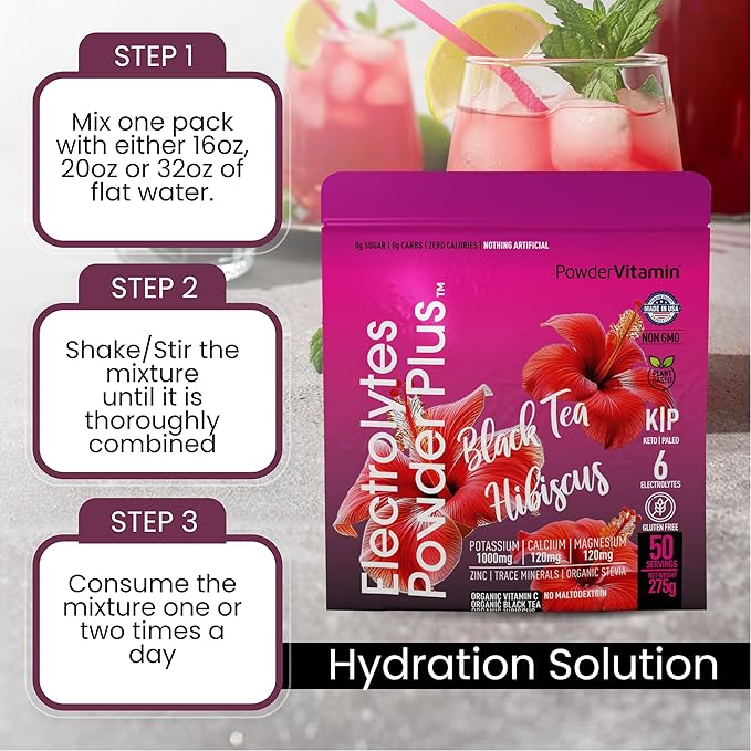PowderVitamin Electrolytes Powder Plus (50 Servings) Black Tea Hibiscus Electrolyte Powder Keto, Sugar Free, Pink Himalayan Salt,1000mg Potassium,120mg Calcium,120mg Magnesium, Hydration Powder
