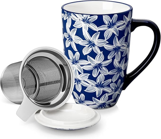 vancasso SELENE Porcelain Tea Mug, 18 oz Porcelain Tea Cup with Infuser and Lid Steeps Loose Leaf Tea, Microwave & Dishwasher Safe, Blossom Cluster