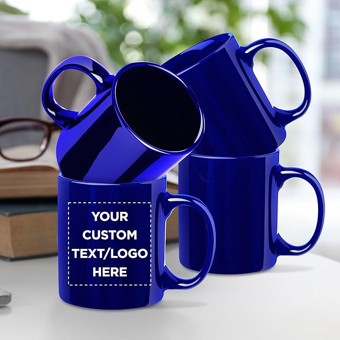 Custom Ceramic Coffee Mugs 11 oz. Set of 50, Personalized Bulk Pack - Coffee cup set, Iced coffee cup, Gaming mug - Cobalt Blue