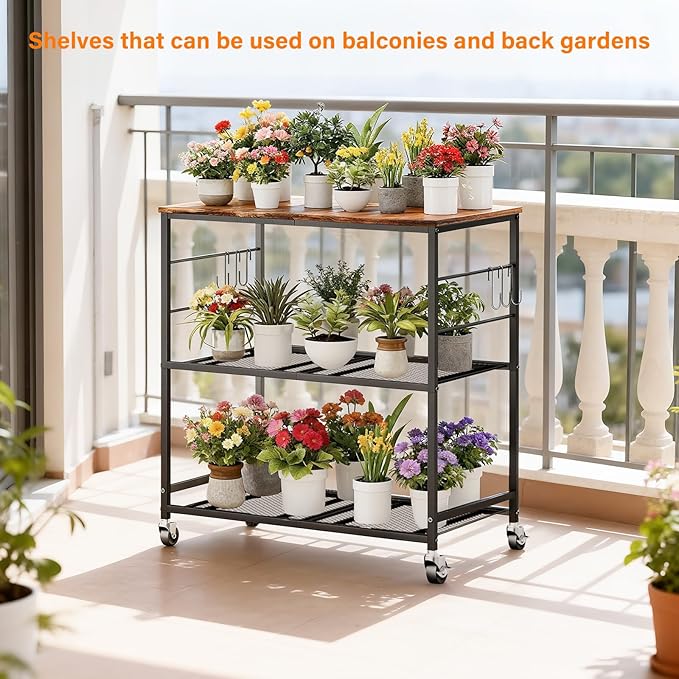 Abiglifty 3-Tier Rolling Kitchen Cart, Microwave Cart with Lockable Wheels, Kitchen Utility Cart, Mobile Microwave Stand with Storage for Living Room, Office, Balcony, Bathroom, Black