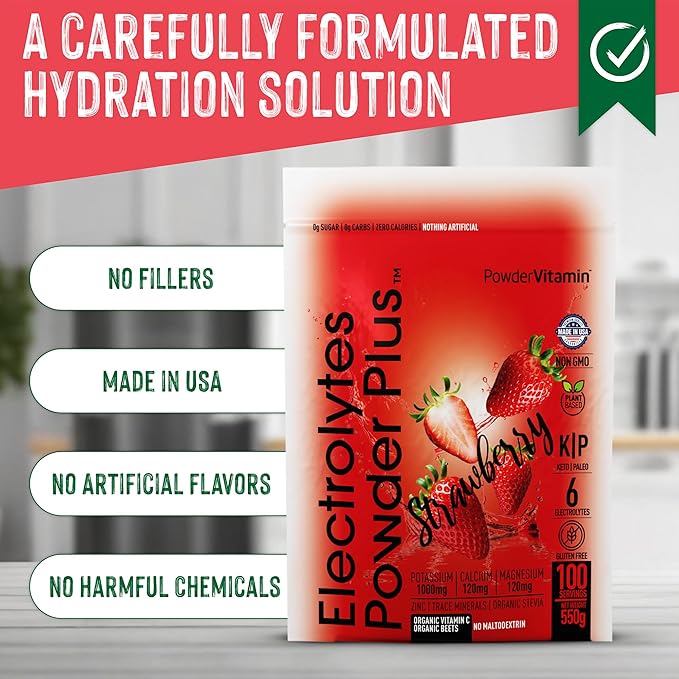 PowderVitamin Electrolytes Powder Plus (100 Servings) Strawberry Electrolyte Powder Zero Calorie Keto,0 Sugar, No Maltodextrin,1000mg Potassium,120mg Calcium,120mg Magnesium, Hydration Powder
