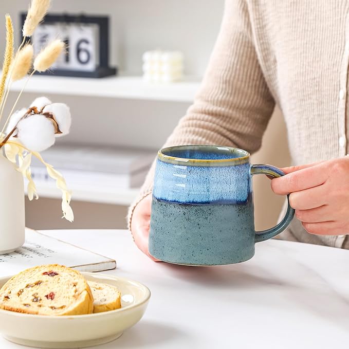 Large Ceramic Coffee Mug, Handmade Pottery Mugs, Tea Cups with Big Handle for Office and Home, 15.5 oz, Dishwasher and Microwave Safe (Rock Green)
