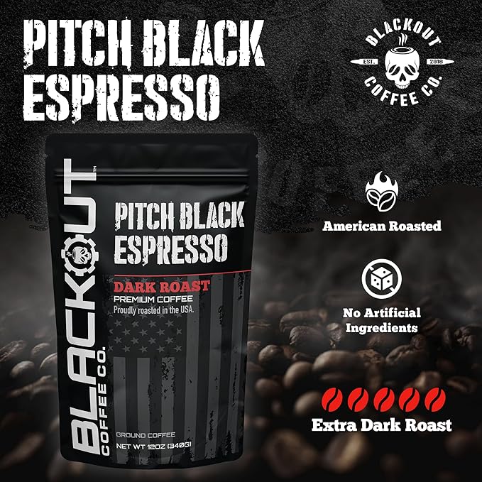 Blackout Coffee Pitch Black Espresso Ground Coffee – Extra Dark Roast, European-Style, Bold & Aromatic – Freshly Roasted 12oz Bag.
