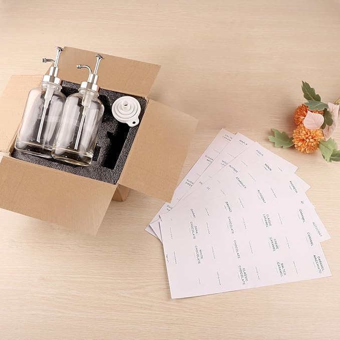 Glass Coffee Syrup Dispenser Bottles with 84 Labels (Set of 2), Coffee Pump Dispenser for Coffee Bar Accessories, 16.9 oz, Silver