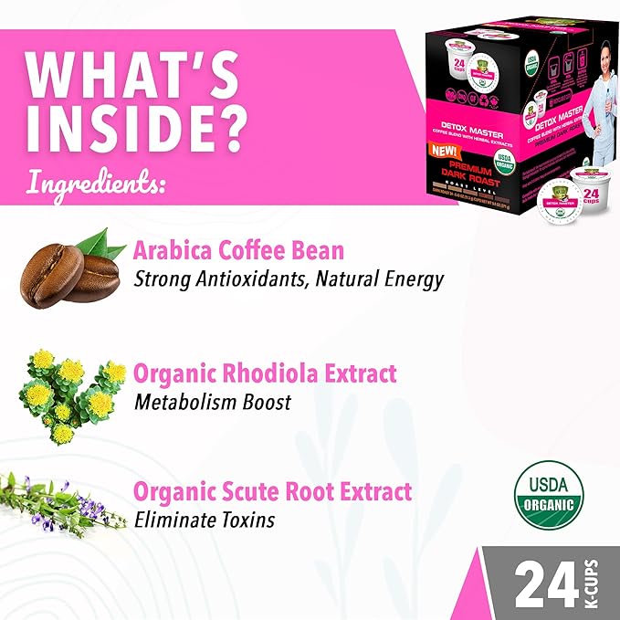 SOLLO Organic Detox Coffee Pods, Supports Diet & Metabolism with Herbal Extracts, Bold Dark Roast, Single Serve Pod, Compatible with Keurig K-Cup Brewers, 24 Ct