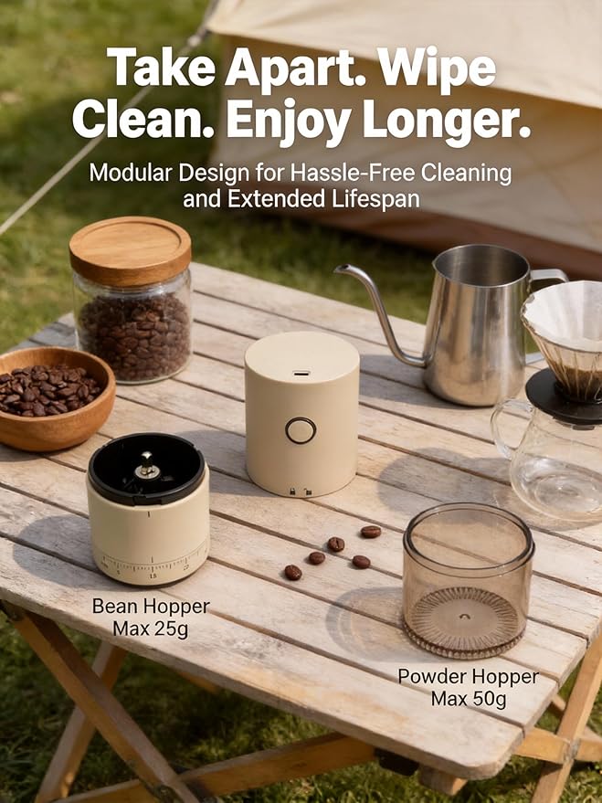 LAMIDO Portable Electric Burr Coffee Grinder - Grind While Charging - 38 External Adjustable Grind Settings - 1.8X Faster Grinding - 2000 mAh Rechargeable Battery for Travel, Camping - Light Beige