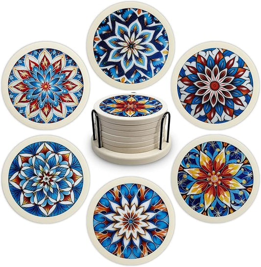Indigo Floral Non-Slip Silicone Coasters, 4-Pack Double-Sided Absorbent Cup Mats for Hot & Cold Drinks, Scratch & Water Ring Protection for Wood Tables, Home Office Bar Use (6PC Wanda La)