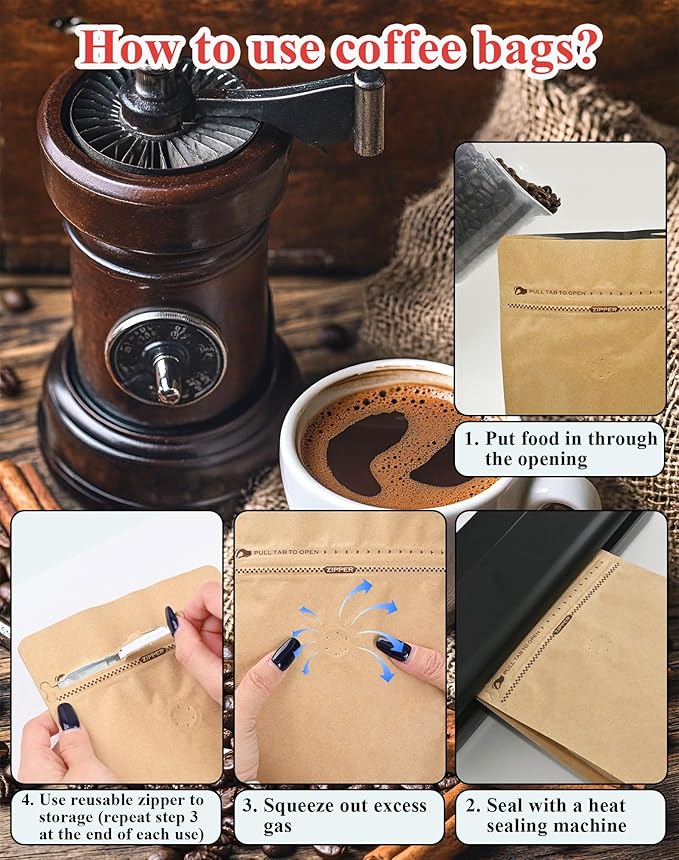 12mil Stand Up Coffee Bags, Flat Bottom Pouch with one-way Air Release Valve and Reusable Side Zipper(Craft Paper, 200PCS-Large-2.2lb/32oz/1kg)
