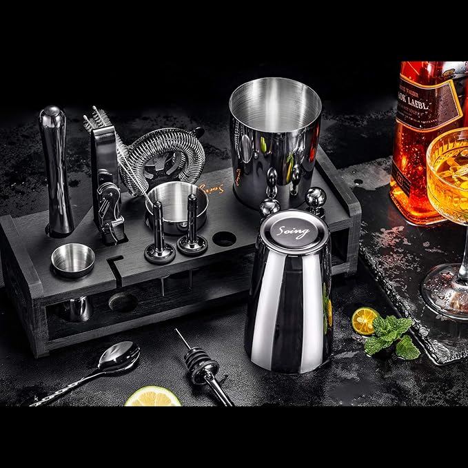 Soing 24-Piece Cocktail Shaker Set,Perfect Home Bartender Kit for Drink Mixing,Stainless Steel Bar Tools With Stand,Velvet Carry Bag & Recipes Cards Included (Black)