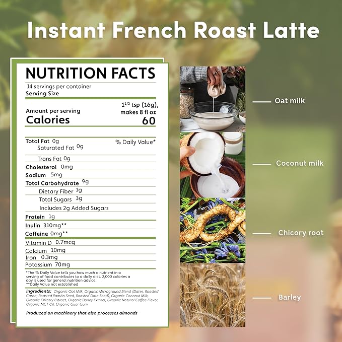 Teeccino Organic Instant French Roast Herbal Latte – 14 Servings – Creamy Oat & Coconut Latte Plus MCT Oil with a Bold, Coffee-Like Blend of Roasted Chicory & Ramón Seeds – Prebiotic, Caffeine-Free – 7.9 ounces