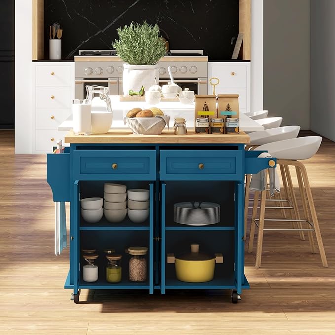 HOMCOM Kitchen Island Cart with Rubber Wood Top, Rolling Kitchen Island Table on Wheels with Drawers, Adjustable Shelves, Spice Rack and Towel Rack for Dining Room, Turquoise