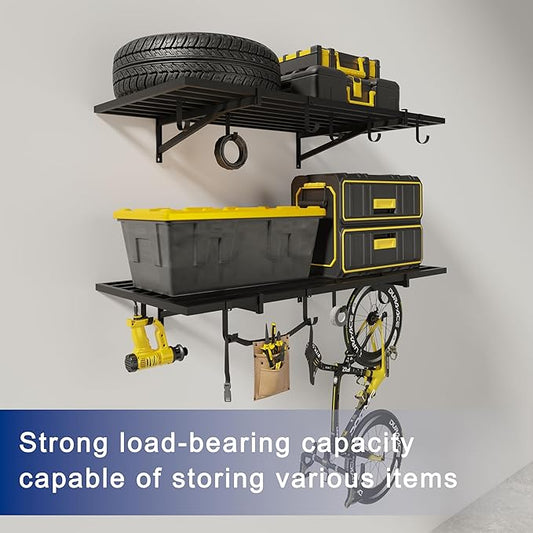 2-Pack 2x4ft Garage Shelving Wall Mounted, 24x43 inch Wall Shelf Heavy Duty Garage Storage Shelves Floating Shelves with Hooks, 500LB Capacity
