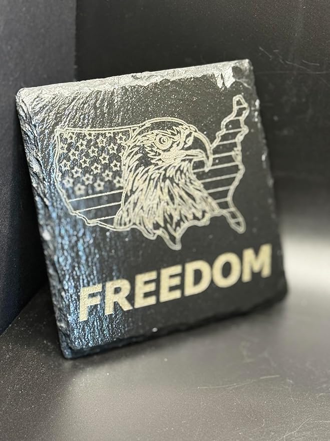 American Flag Bald Eagle Freedom Slate Coasters, Set of 4, Black Natural Stone Drink Coasters