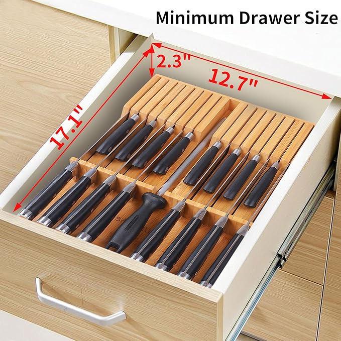 Utoplike In-drawer Knife Block Bamboo Kitchen Knife Drawer Organizer Large, Handle Steak knife Holder without Knives, Fit for 16 Knives and 1 Sharpening Steel (Knives & Sharpening Not Included)