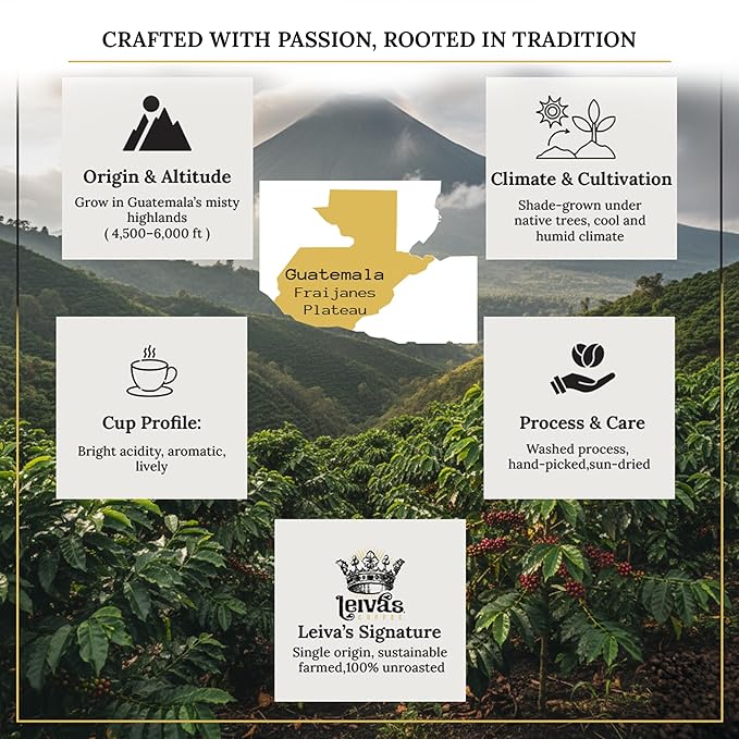 Leiva’s Unroasted Green Coffee Beans (1kg) – Fraijanes Plateau Single Origin Coffee w/Aromatic Notes – Washed, Shade Grown Organic Guatemala Beans – Bright Acid, Whole Bean Unroasted Blend