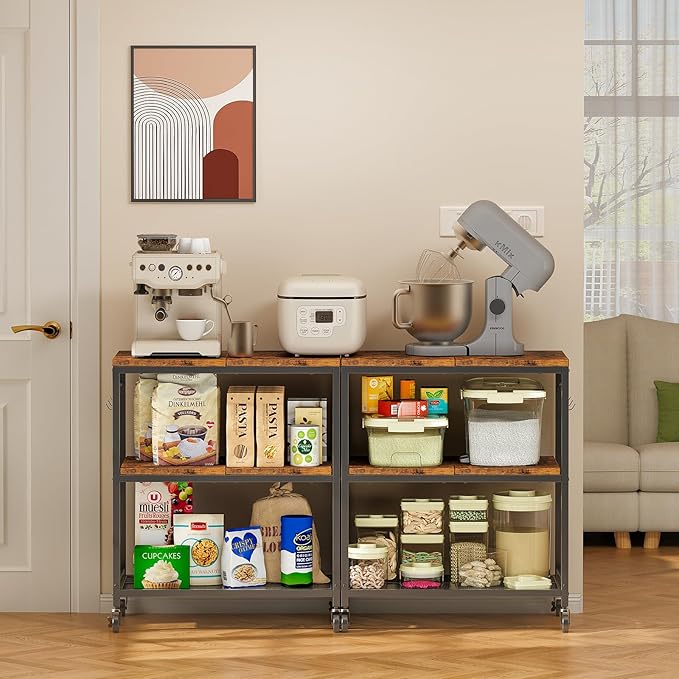 3 Tier Rolling Kitchen Microwave Cart with 6 Hooks, Utility Cart Storage Table Stand on Lockable Wheels, Small Coffee Shelf Rack Organizer,Brown