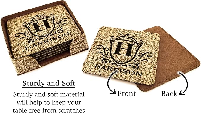 Smile Art Design Family Personalized Monogram Coaster Set of 6 with Base Square Burlap Material Family Name Personalized Prints House Warming Wedding Gift Dining Room Kitchen Rustic Decor Style4