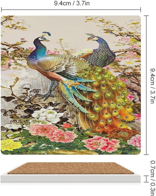 Square-4PCS Peacock Drink Coasters, Square Modern Ceramic Absorbent Coasters, Vintage Tree Branch Beautiful Plant Floral Gold Peacock Decor Desk Coffee Table Coaster for Beverage Cup Tea Coasters