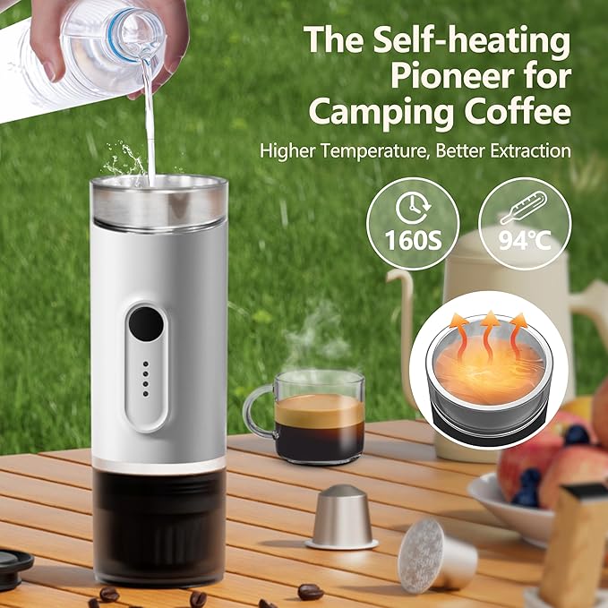 Portable Electric Espresso Machine, Self-Heating Travel Coffee Maker with USB-C, Compatible with Ground Coffee & NS Capsules, Ideal for Camping, Car, RV, Hiking & Office (White)