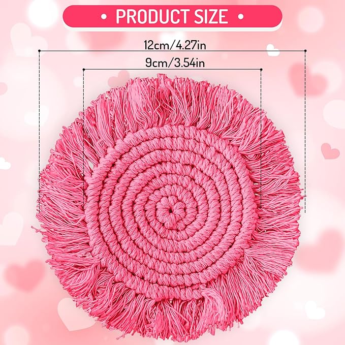 Whaline 4Pcs Boho Macrame Coasters Handmade Woven Drink Coasters Red Pink Farmhouse Cup Mat Pad for Home Kitchen Office Valentine's Day Party Table Decor