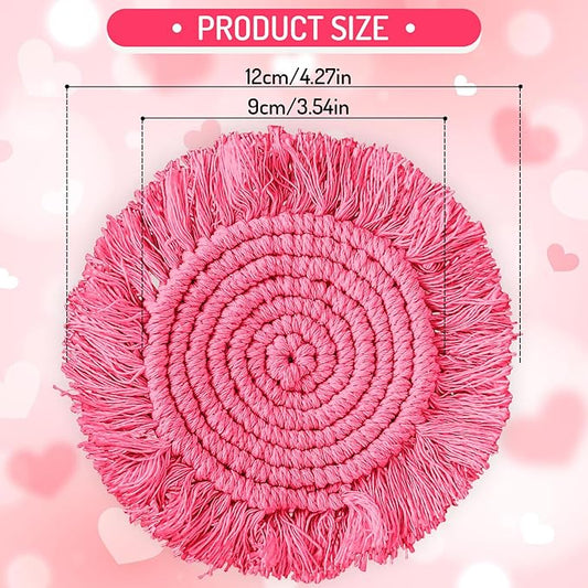 Whaline 4Pcs Boho Macrame Coasters Handmade Woven Drink Coasters Red Pink Farmhouse Cup Mat Pad for Home Kitchen Office Valentine's Day Party Table Decor