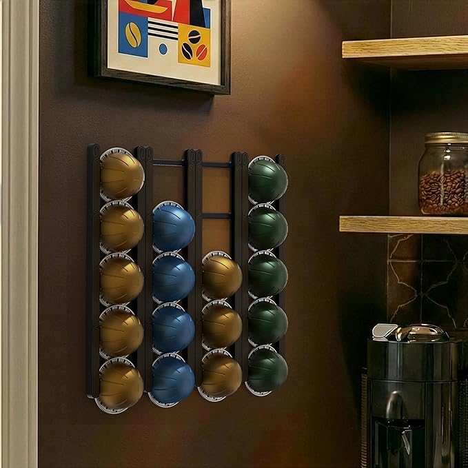 Adhesive Coffee Pod Holder for Nespresso VertuoLine, Holds 20 Capsules - Wall or Cabinet Mounted Coffee Capsule Rack with Strong 3M Adhesive Strips, Vertical or Horizontal Mount
