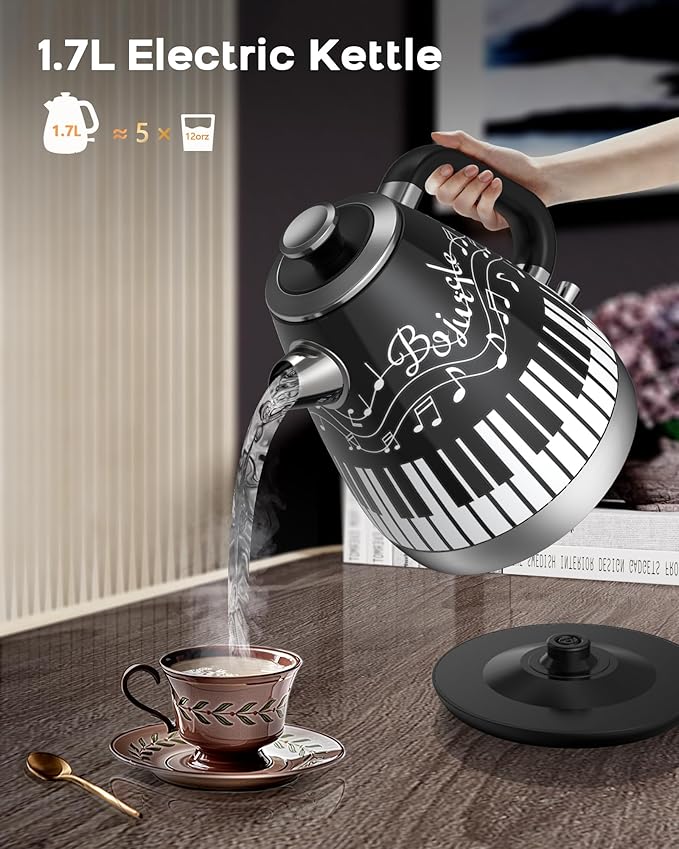 Electric Kettle with Piano & Musical Notes Design, 1.7L Stainless Steel Interior, 1200W Fast Water Boiler for Tea & Coffee, Cordless with Auto Shut-Off, Unique Musician Gift & Kitchen Decor