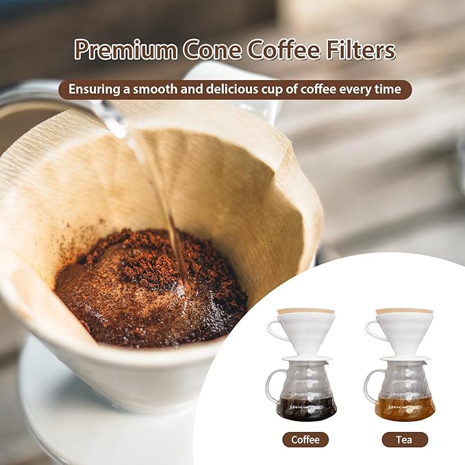 PakTalk 200 Count Cone Coffee Filters #4, Natural Brown Paper Cone Shaped Coffee Filters for Pour Over and Drip Coffee Maker (100 Count, Pack of 2)