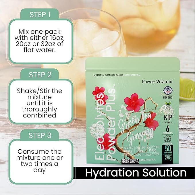 PowderVitamin Electrolytes Powder Plus (50 Servings) Green Tea Ginseng Electrolyte Powder Keto, Sugar Free, Pink Himalayan Salt,1000mg Potassium,120mg Calcium,120mg Magnesium, Hydration Powder