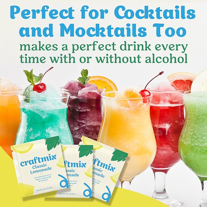 Craftmix Classic Lemonade Mix, 12 Packets, Easy Powder Drink with Real Fruit, Low-Sugar, Vegan, Low-Carb, Non-GMO, Dairy-Free, Gluten-Free, Flavored Water Enhancer, On-the-Go Water Flavoring Packets