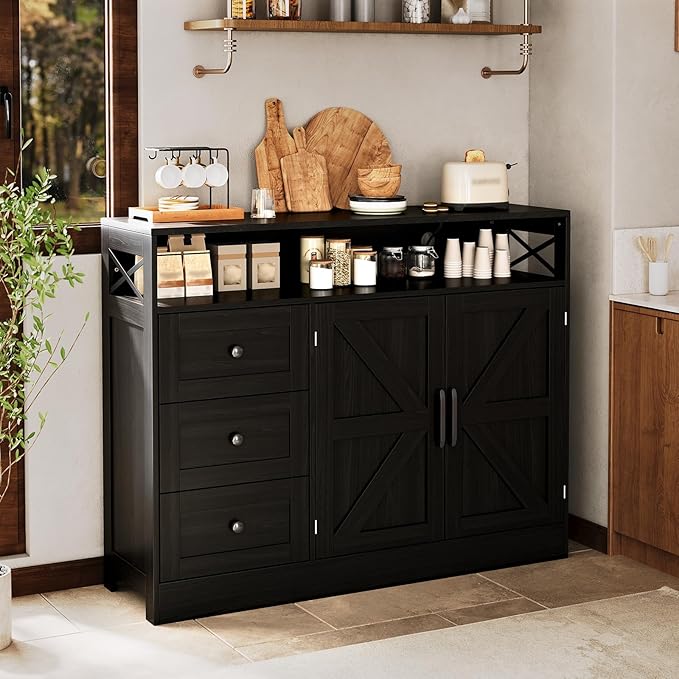 GAOMON 51Inch Sideboard Buffet Cabinet, Wood Rustic Coffee Bar Large Buffet Storage Cabinet with Drawers and Power Outlets Shelves Doors for Dining Kitchen Living Room, Black