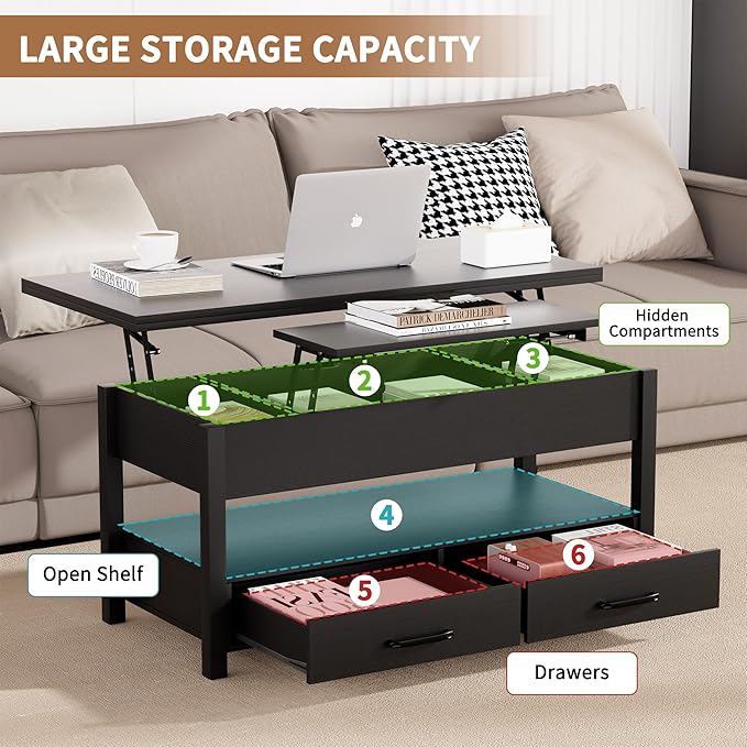 42'' Lift Top Coffee Table, 4-in-1 Multifunctional Lift Coffee Table with Storage & Hidden Compartments, Farmhouse Coffe Table with Lifting top for Living Room, Dining Reception Room, Black