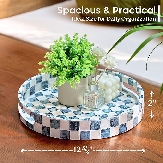 12.6 Inch Round Capiz Shell Decorative Tray with Handles, Serving Tray for Coffee Table & Ottoman, Coffee Table Trays for Living Room, Kitchen, Bathroom (Navy Blue)