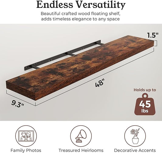 Floating Shelves for Wall, 9.3" Deep Wall Mounted Wood Shelves for Bathroom, Bedroom, Living Room, Kitchen, Hanging Shelf for Books/Storage/Room Decor (Brown, 48")