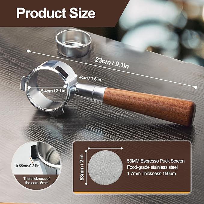 stochastic box 54 mm Bottomless Portafilter with Puck Screen, 3 Ears Espresso Portafilter Compatible with Breville Barista BES870XL Express Machines,Stainless Steel Porta filter and Rosewood Handle