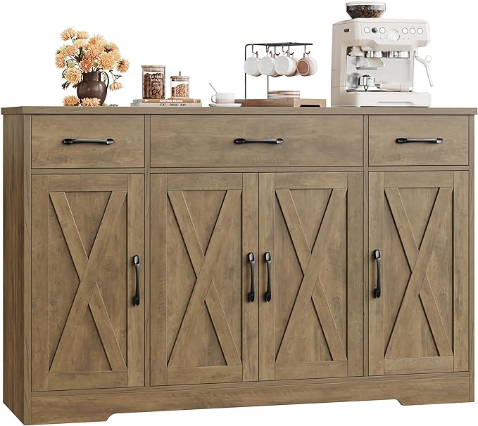 HOSTACK Buffet Sideboard Cabinet with Drawers, 55" Large Buffet Storage Cabinet with Shelves and Doors, Modern Farmhouse Coffee Bar Station Wood Kitchen Table for Kitchen, Dining Room, Rustic Brown
