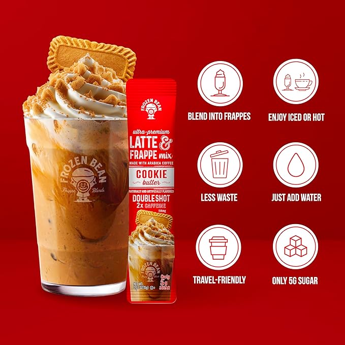 The Frozen Bean Cookie Butter Frappe & Latte Instant Mix (10 Sticks), Made with Arabica Coffee, Double Shot Caffeine, Low Sugar & Premium Ingredients, Hot, Iced, or Blended Drinks