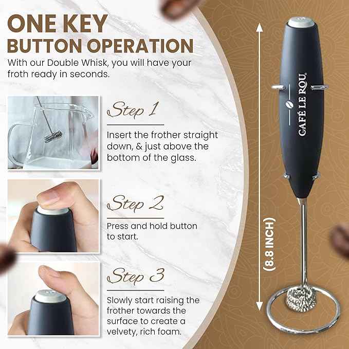 Cafe le Rou Milk Frother Handheld Battery Operated -* DOUBLE WHISK * with Stand. Batteries included. Electric Foam Maker, Drink Mixer with Stainless Steel Whisk