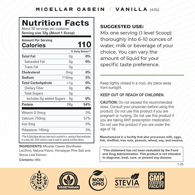 Muscle Feast Grass Fed Micellar Casein Protein Powder, Pasture Raised & Hormone Free, Slow Digesting Casein Protein - Supports Overnight Muscle Recovery, Gluten Free Protein Powder - Vanilla, 4lb
