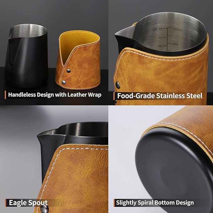 Handleless Milk Frothing Pitcher 450ml/15oz,304 Stainless steel Espresso Steaming Pitcher,milk frother cup,Milk Jug Cup,Latte Art(black)