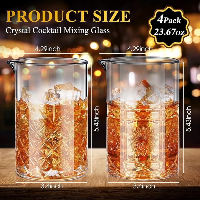 Inbagi 4 Pcs Cocktail Mixing Glass 23.67 oz Cocktail Shakers Stirring Glass Thick Bottom Crystal Glasses Stable Mixing Cups for Drinks Bartender Home Bar Accessories Tools