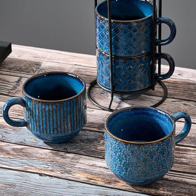 JH JIEMEI HOME Large Ceramic Coffee Mug Set of 4 with Stand, 15 Oz Stackable Different Embossment Ribbed Latte Cup Set for Cappuccino, Tea, Hot Cocoa, Drinks - Dishwasher & Microwave Safe, Blue