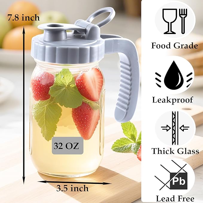 Glass 32 Oz Mason Jar Pitchers With Pour Lid 1 Quart Breast Milk Pitcher Wide Mouth Breastmilk Storage Jug Container For Fridge Coffee Creamer Iced Sun Tea Juices Lemonade Airtight 2 Set