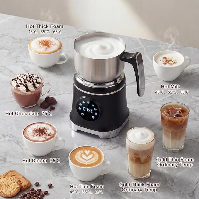 7-IN-1 Milk Frother, 20.3 OZ Milk Frother and Steamer with Temperature Control Stainless Steel Electric Milk Frother Dishwasher Safe Hot and Cold Foam for Latte Hot Chocolate Cocoa (Black)