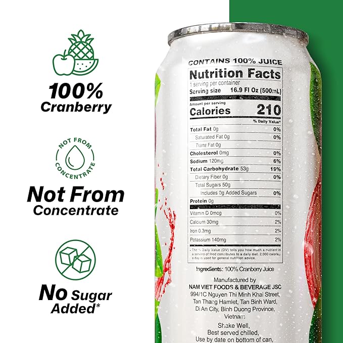 VINUT 100% Cranberry Juice, No Added Sugar, Not From Concentrate, 16.9 fl oz (500 mL) Can, Pack of 12