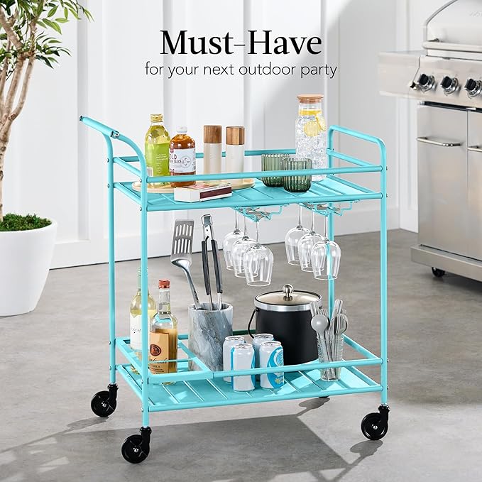 Best Choice Products Rolling Bar Cart, Mobile Home Bar Serving Cart, Serving Station w/ 2 Tier Shelves, Wine Rack, Lockable Wheels - Teal