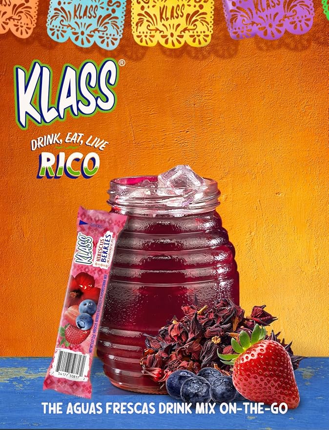 Klass Aguas Frescas, Powdered Drink Mix, 40 Singles Zero Sugar & Caffeine-Free Powder Packets, Water Drink Mix, Flavor: Hibiscus Berries - 5 Calories Per Packet & Natural Flavors