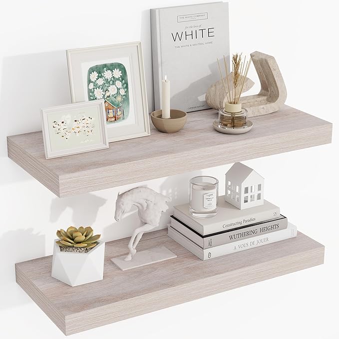 24 Inch Floating Shelves, 3D Textured Wood Grain, 24"x9.25"x1.5" Inch Deep Floating Shelves for Wall, Wooden Shelves for Bathroom, Bedroom, Living Room, Washed White, 2 Pieces